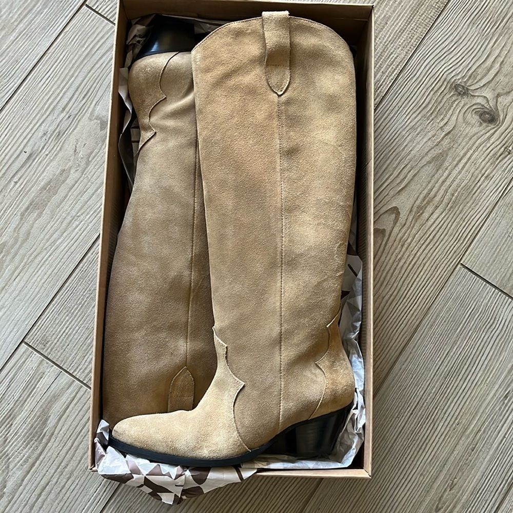 Anthropologie Tan Suede Knee-High Heeled Boots